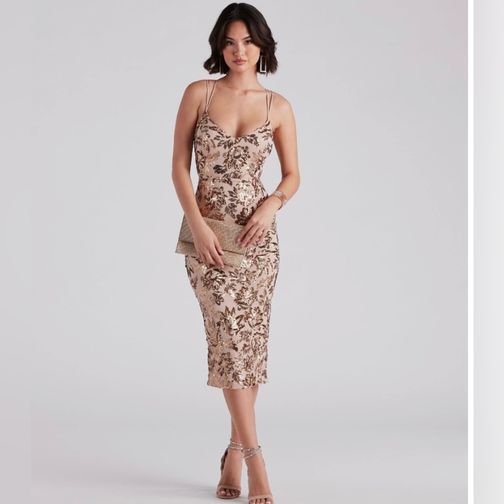 Adora Formal Sequin Midi Dress rose gold